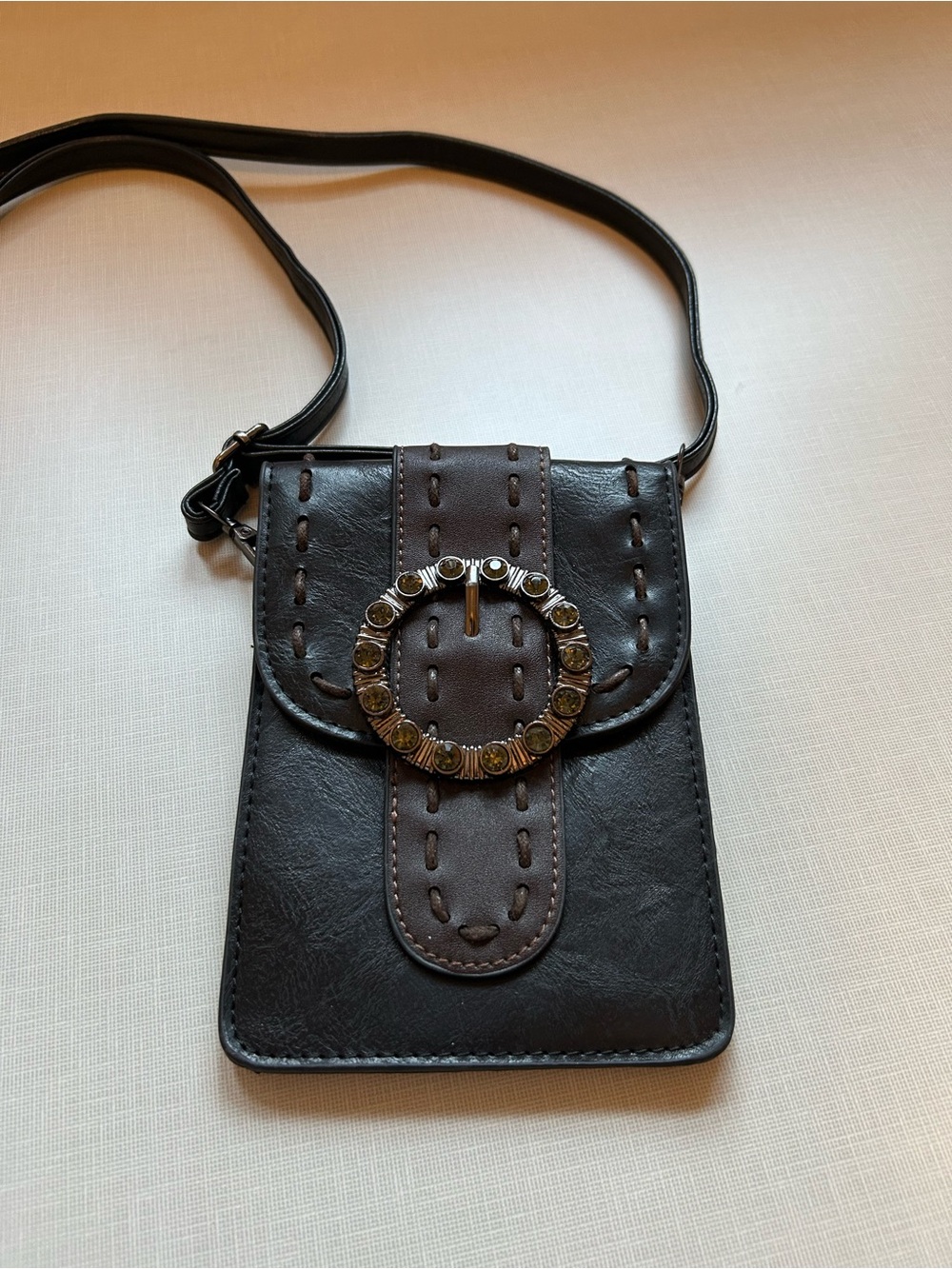 Custom Made Black Leather Crossbody Purse with  with Decorative Ring . 7x5 in